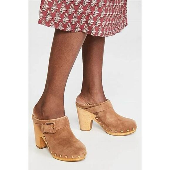 Shoes - Veronica Beard Dacey Heeled Slip On Clogs Brown Suede Clogs Gold Accents Sz 11